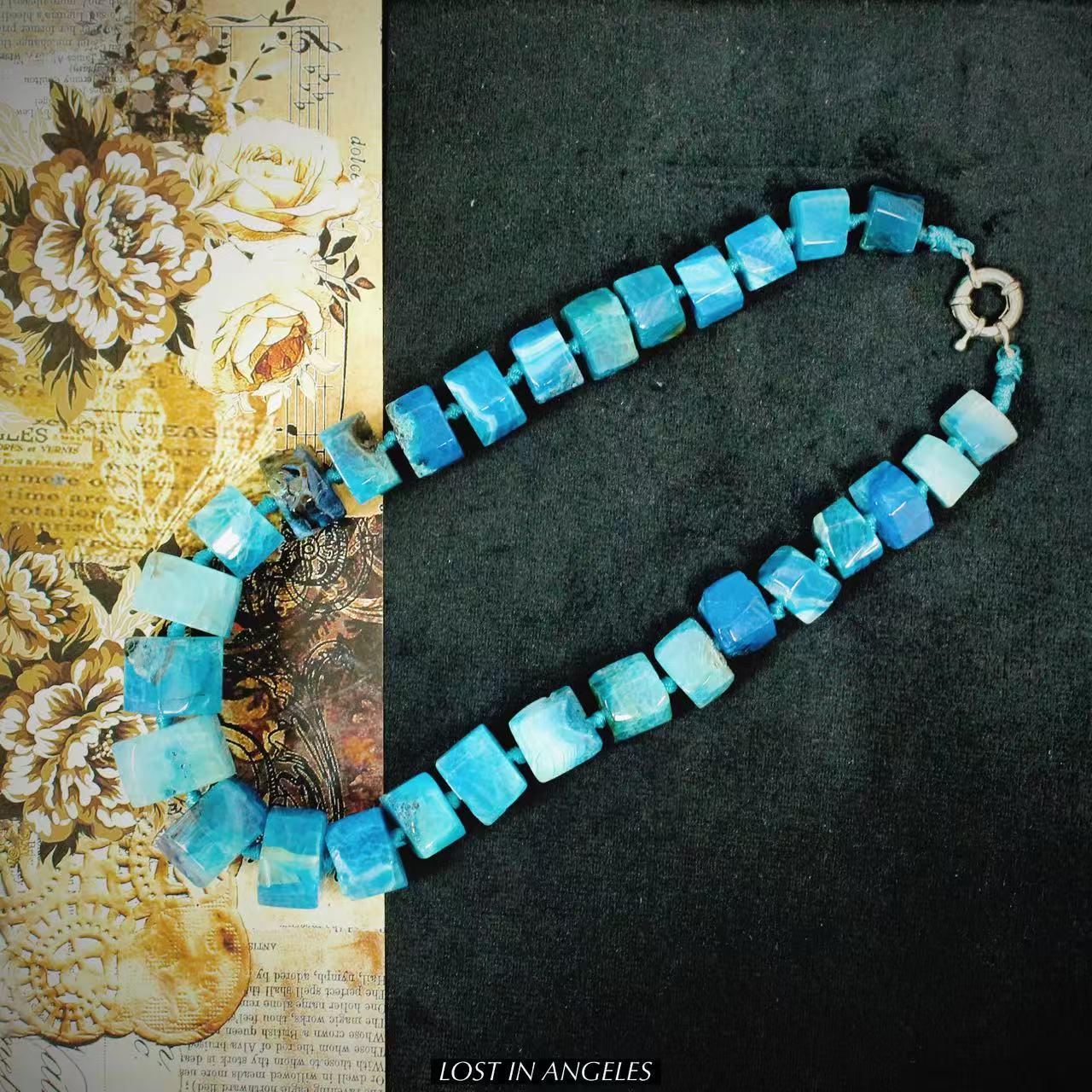 Wheel-Cut Blue Agate Statement Necklace: Hand-Forged Brass, Boho Jewelry