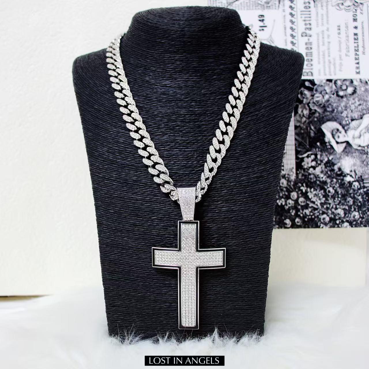 Iced Out Cross Pendant: Silver Cuban Link Chain, Hip Hop Jewelry