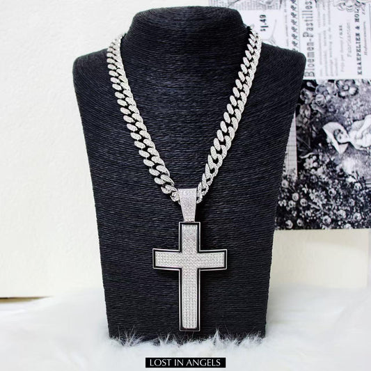 Iced Out Cross Pendant: Silver Cuban Link Chain, Hip Hop Jewelry