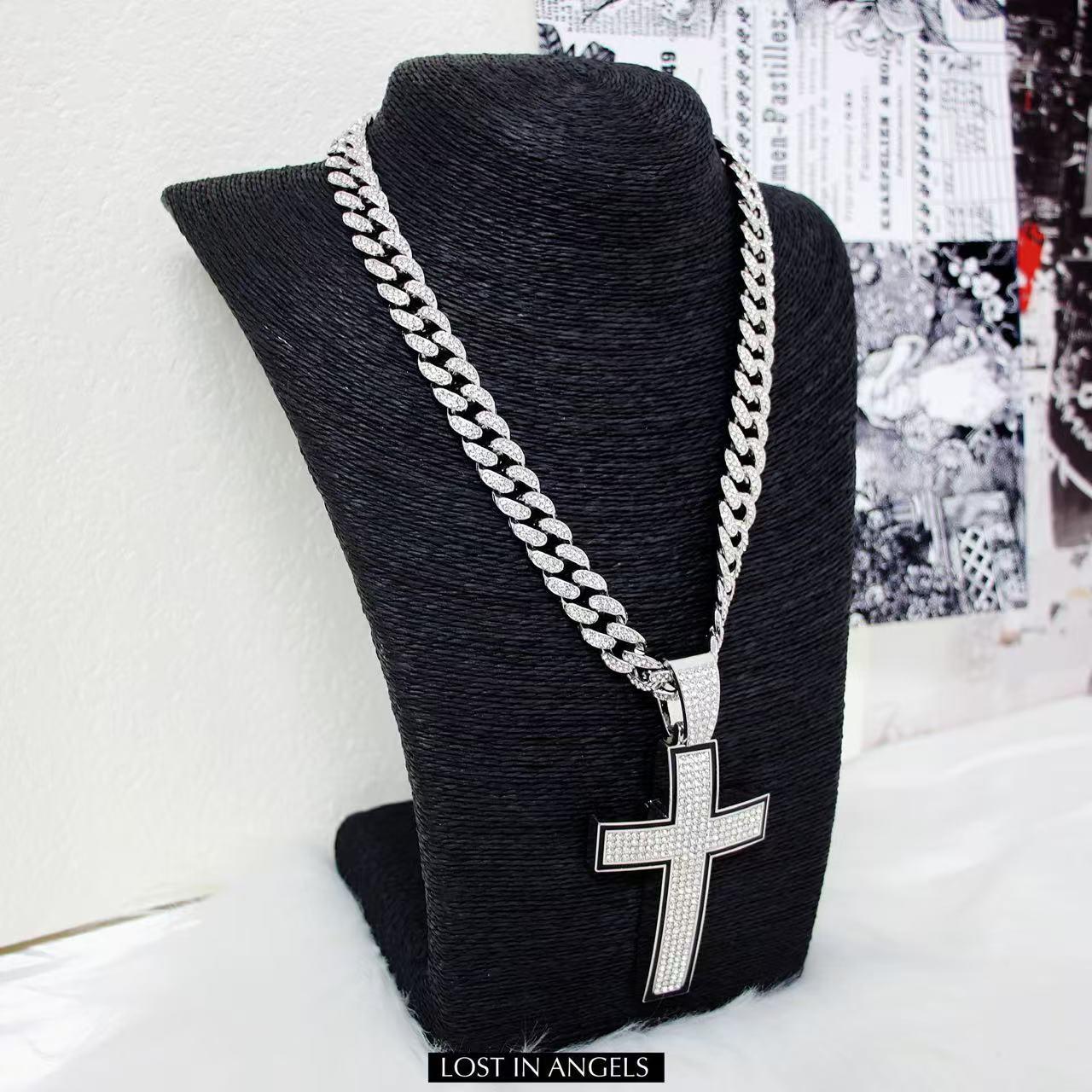 Iced Out Cross Pendant: Silver Cuban Link Chain, Hip Hop Jewelry