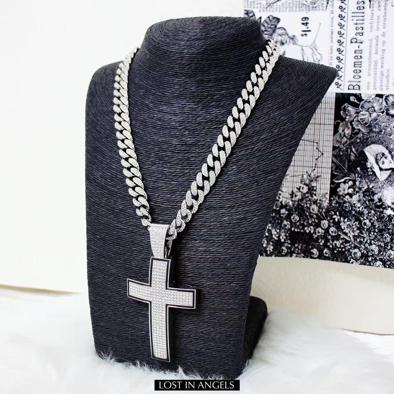Iced Out Cross Pendant: Silver Cuban Link Chain, Hip Hop Jewelry