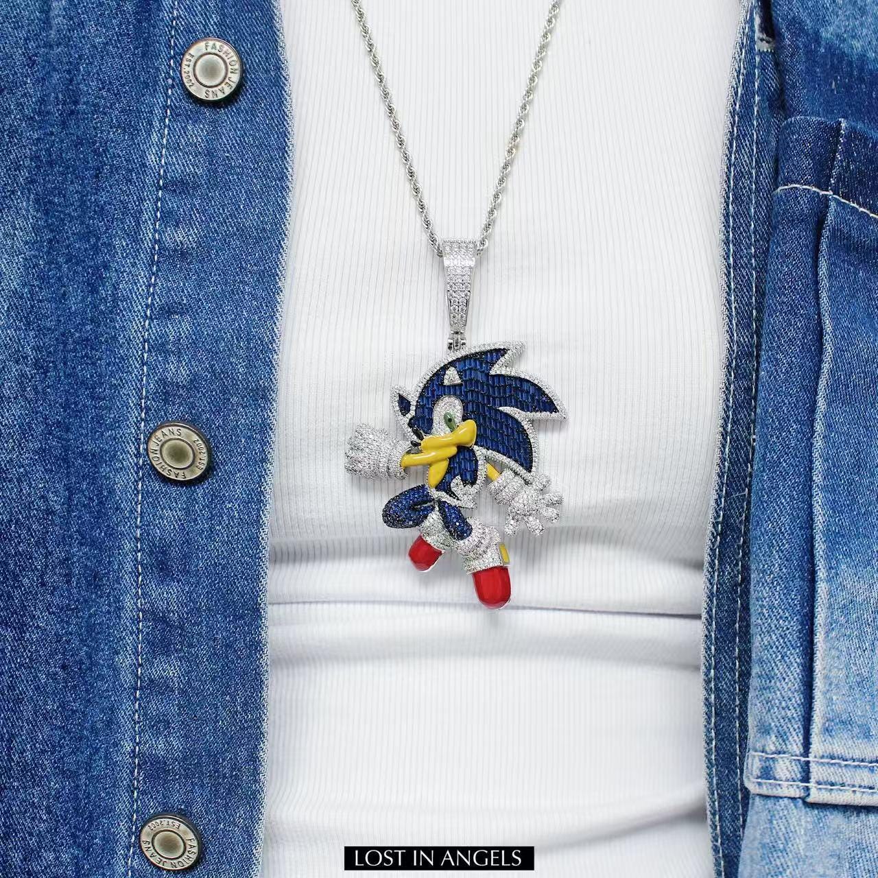 Iced Out Sonic Pendant: CZ Bling Hip-Hop Jewelry with Cuban Chain
