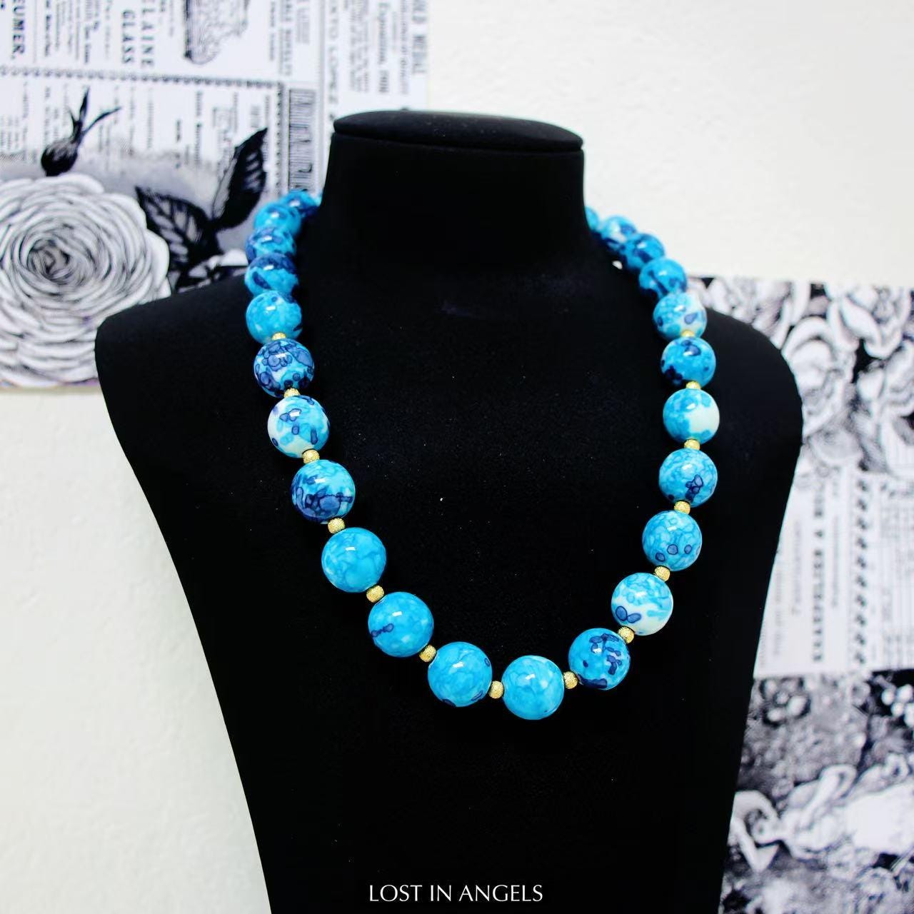 Handmade Bohemian Blue Stone Necklace: Gold Spacer Beads, Artisan Crafted