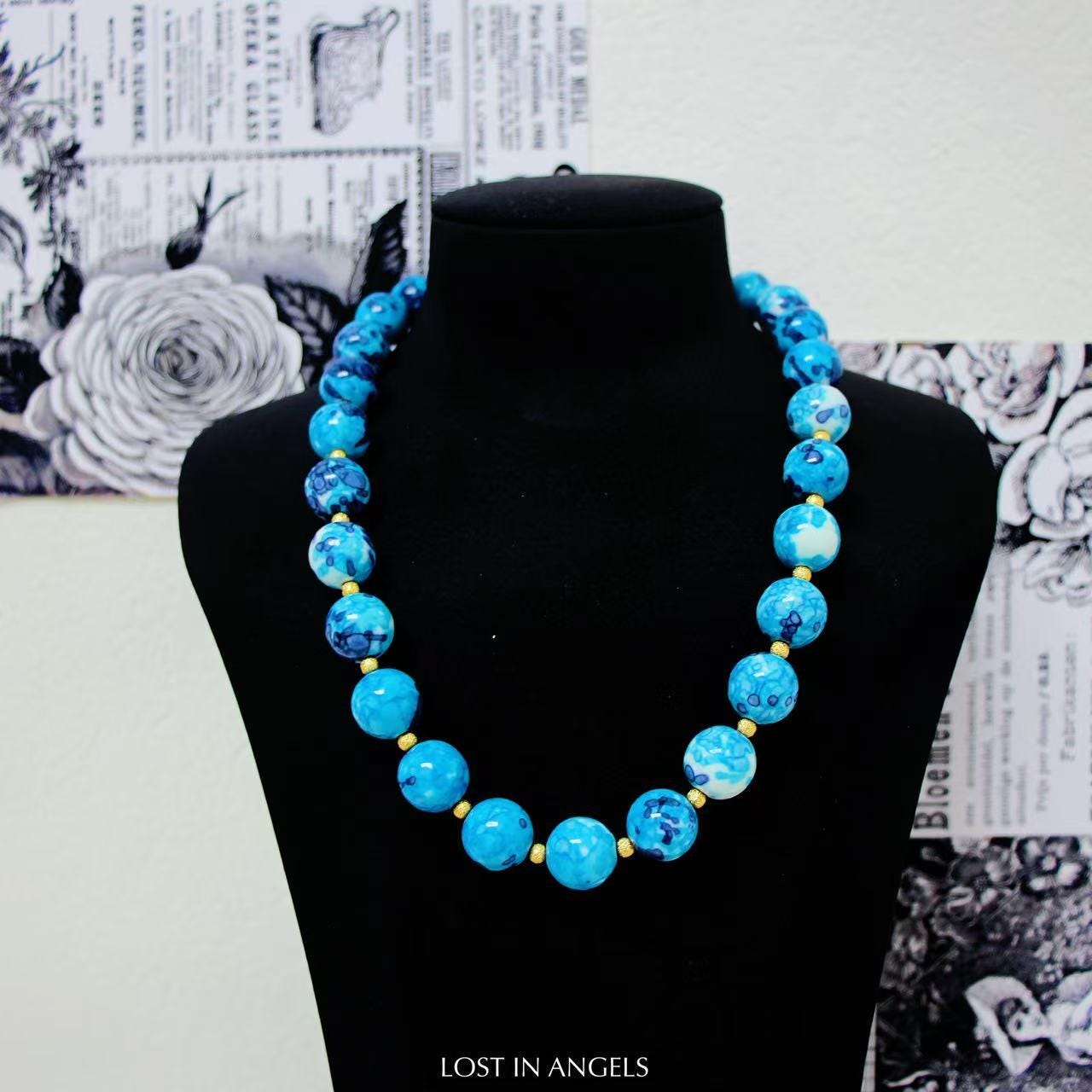 Handmade Bohemian Blue Stone Necklace: Gold Spacer Beads, Artisan Crafted