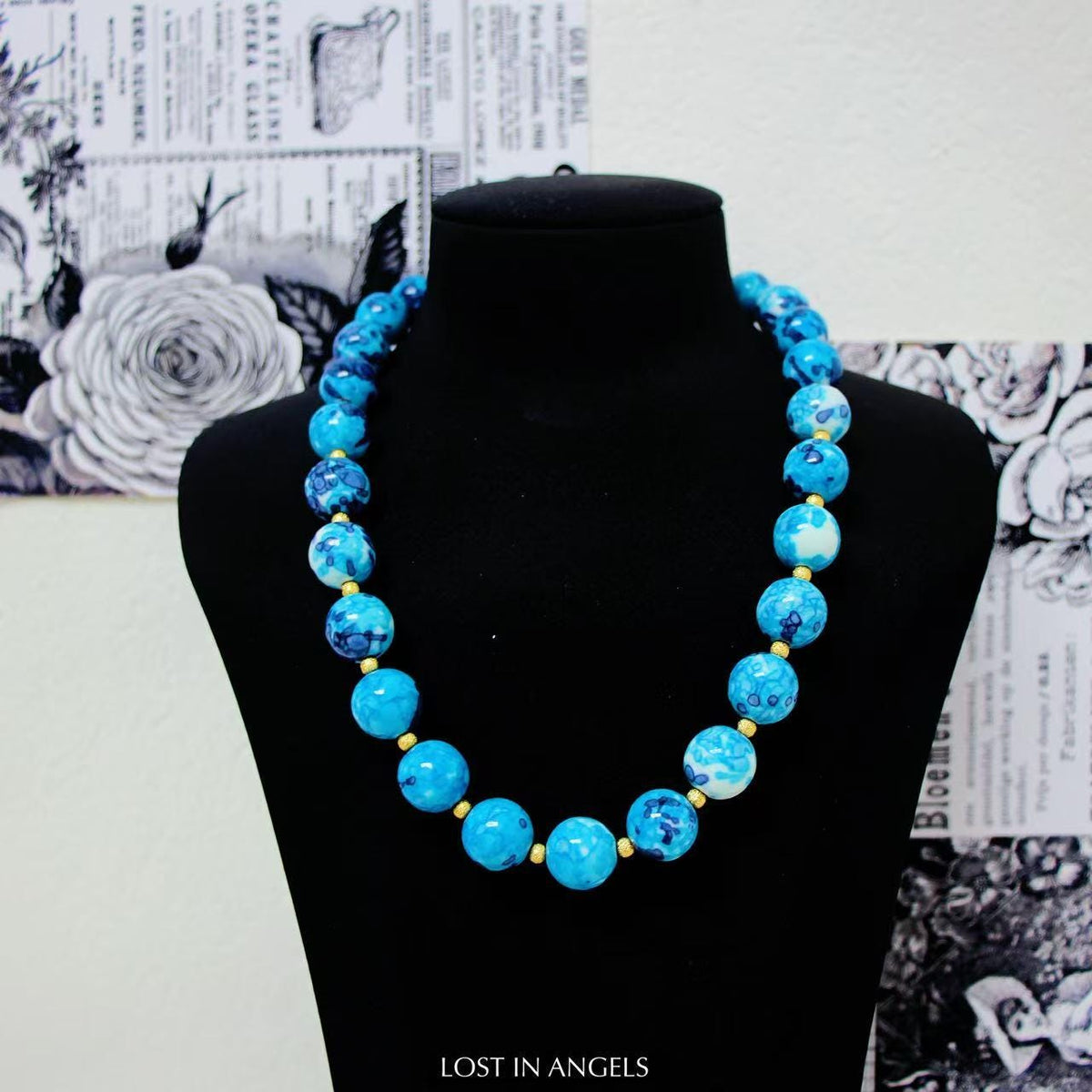 Handmade bohemian blue stone necklace with gold spacer beads by LOST IN ANGELES
