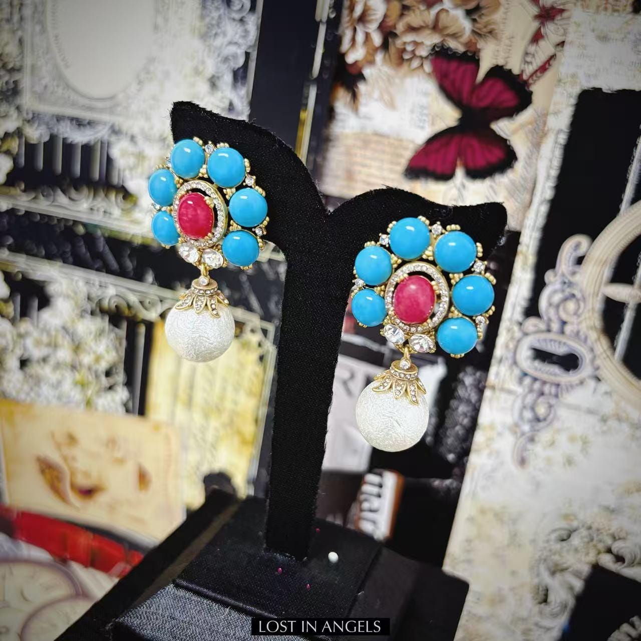 Baroque Pearl Drop Earrings: Blue & Red Rhinestone Statement Jewelry
