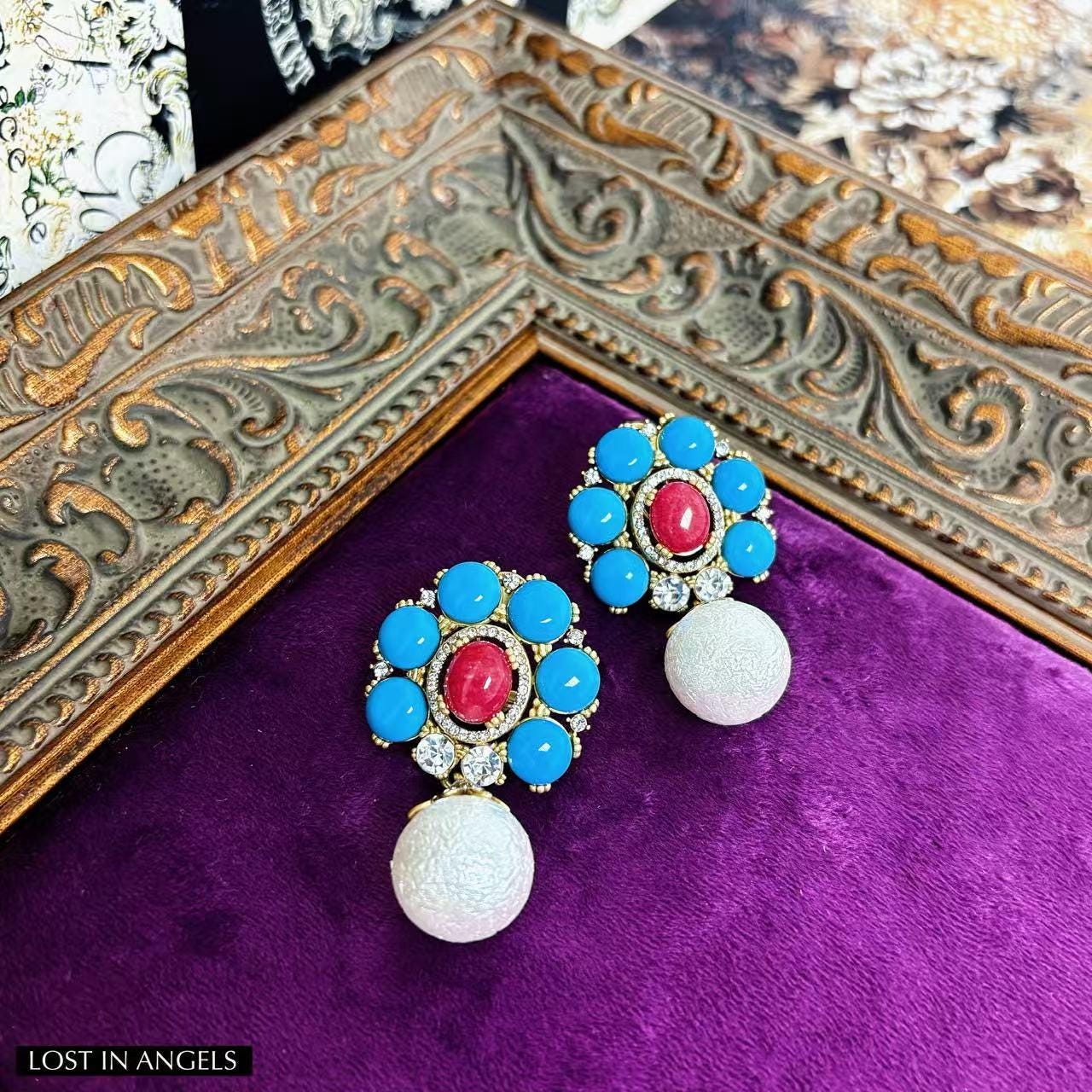 Baroque Pearl Drop Earrings: Blue & Red Rhinestone Statement Jewelry