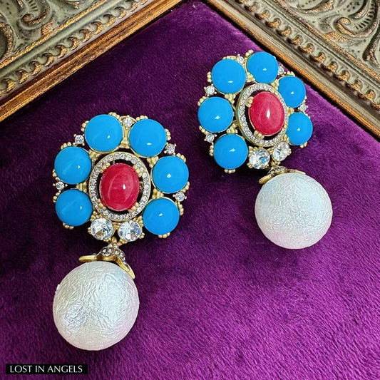 Baroque Pearl Drop Earrings: Blue & Red Rhinestone Statement Jewelry