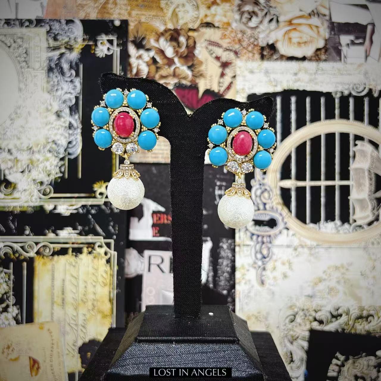 Baroque Pearl Drop Earrings: Blue & Red Rhinestone Statement Jewelry