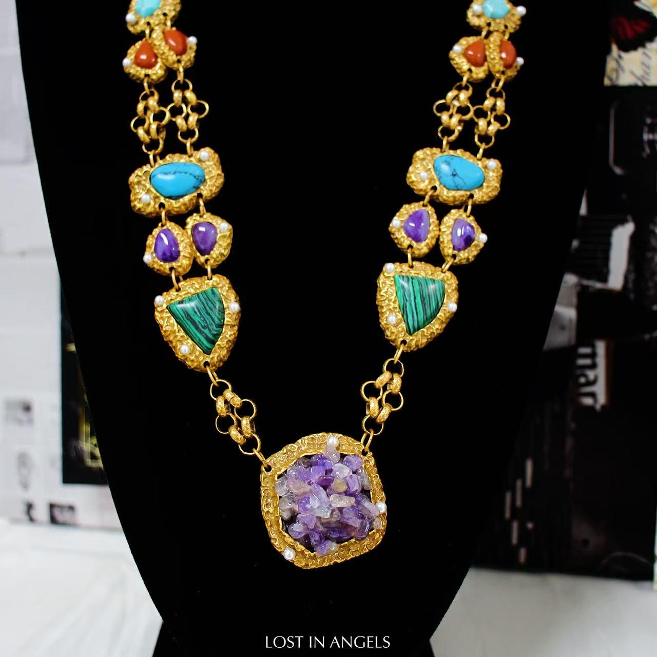 Vintage-Inspired Amethyst Turquoise Jewelry Set: Gold-Toned Boho Necklace & Earrings