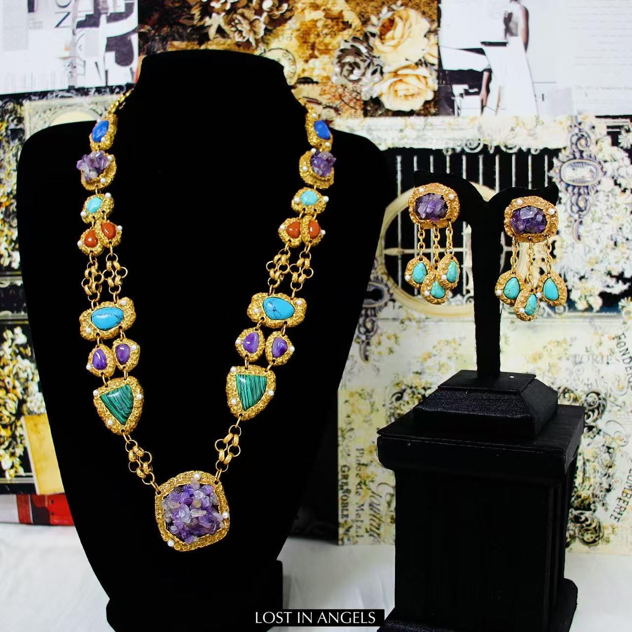Vintage-Inspired Amethyst Turquoise Jewelry Set: Gold-Toned Boho Necklace & Earrings