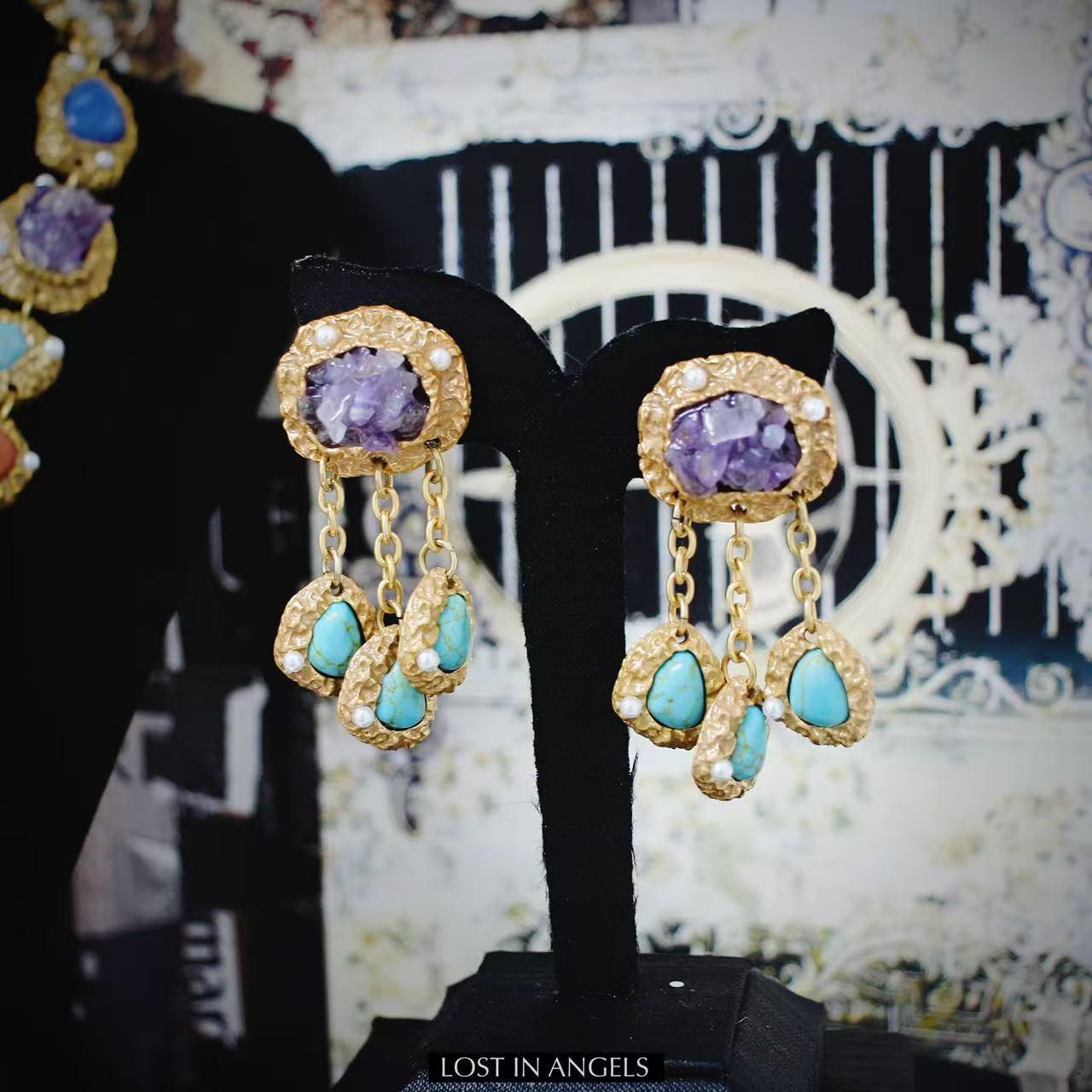 Vintage-Inspired Amethyst Turquoise Jewelry Set: Gold-Toned Boho Necklace & Earrings