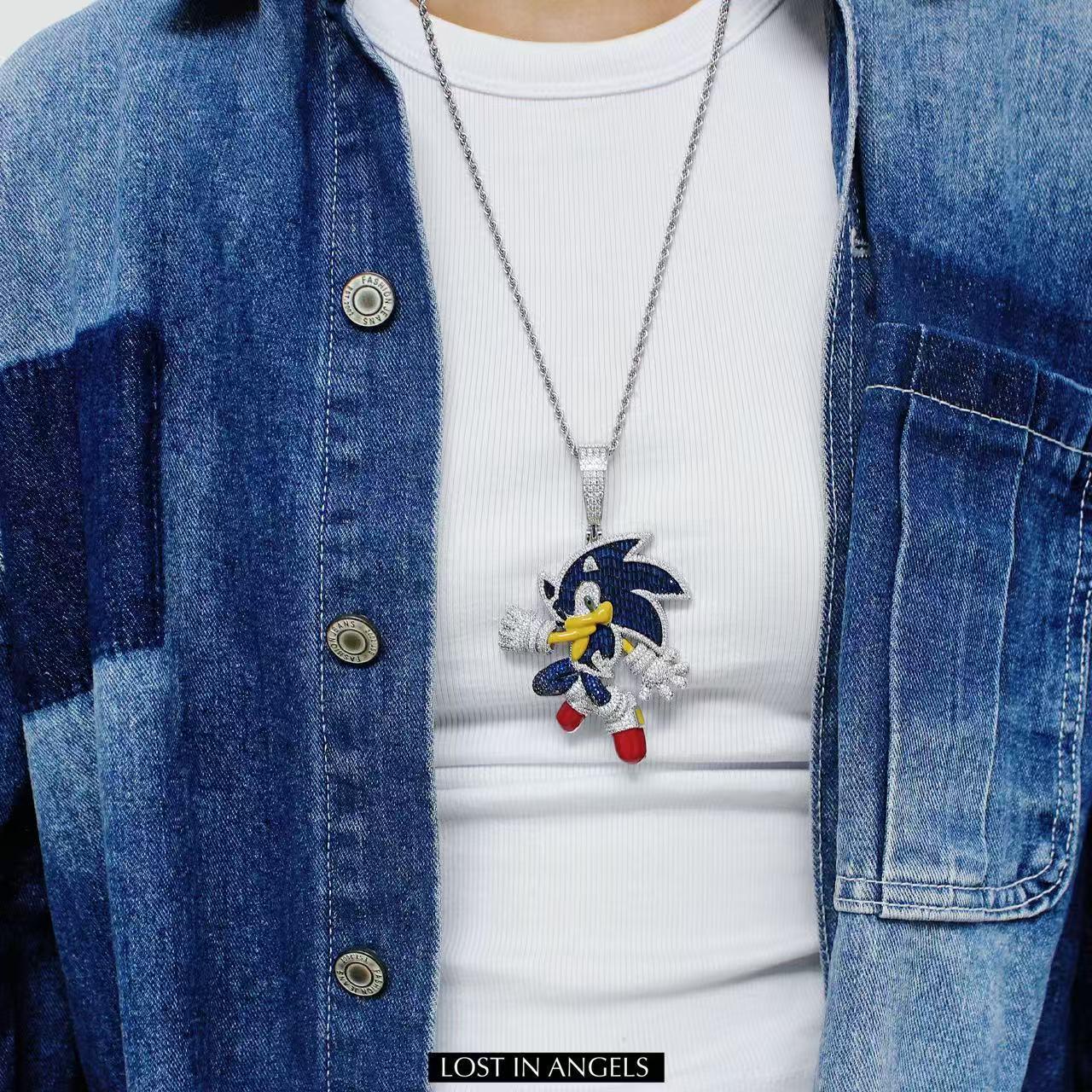 Iced Out Sonic Pendant: CZ Bling Hip-Hop Jewelry with Cuban Chain