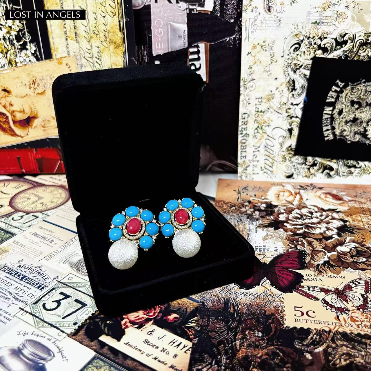 Baroque Pearl Drop Earrings: Blue & Red Rhinestone Statement Jewelry