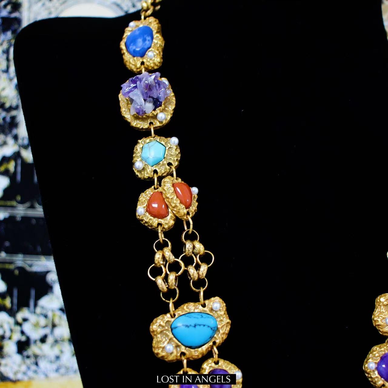 Vintage-Inspired Amethyst Turquoise Jewelry Set: Gold-Toned Boho Necklace & Earrings