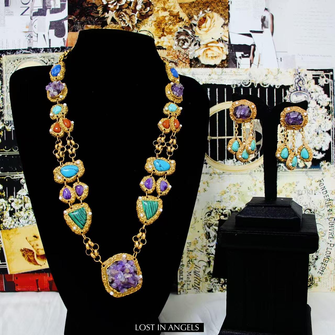 Vintage-Inspired Amethyst Turquoise Jewelry Set: Gold-Toned Boho Necklace & Earrings