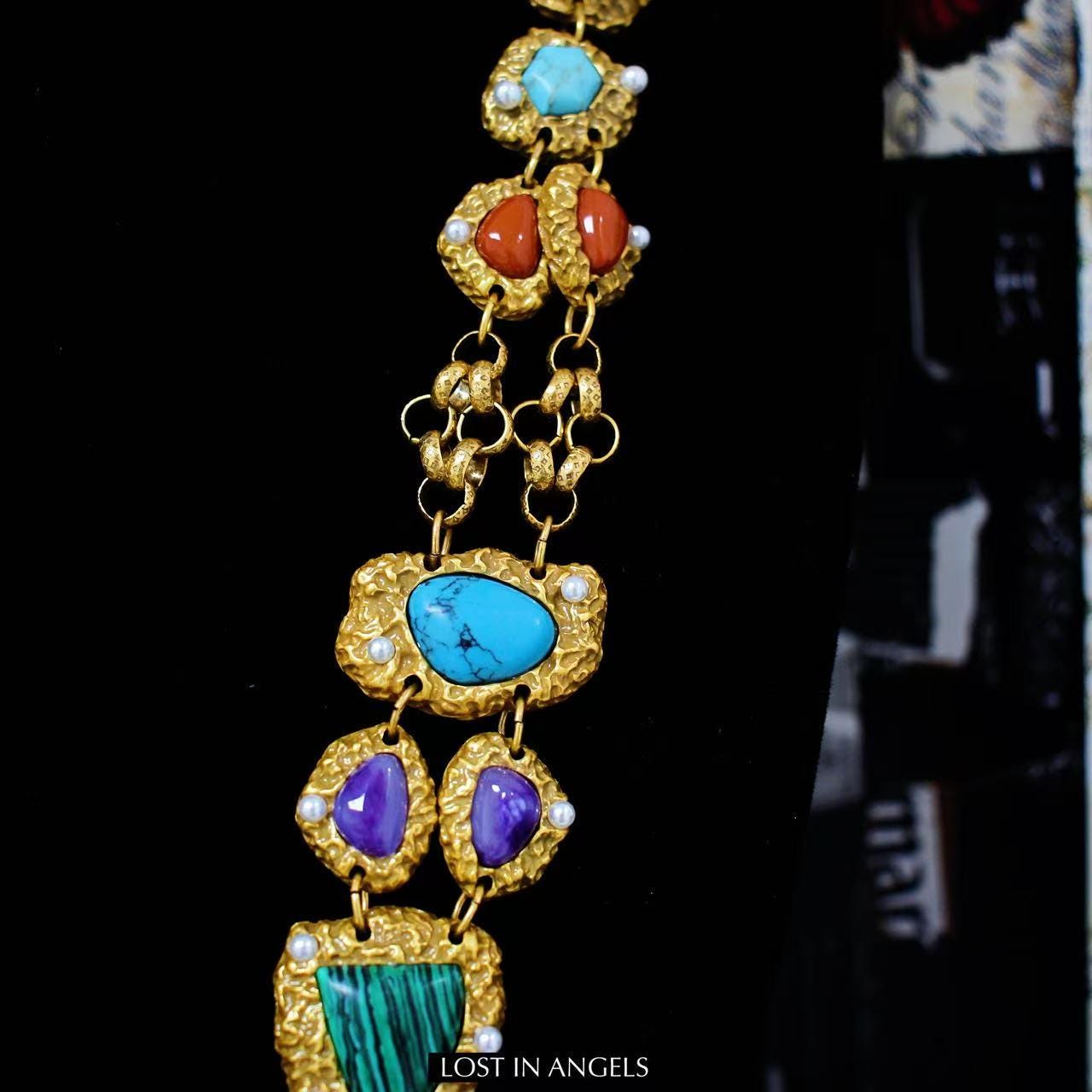 Vintage-Inspired Amethyst Turquoise Jewelry Set: Gold-Toned Boho Necklace & Earrings