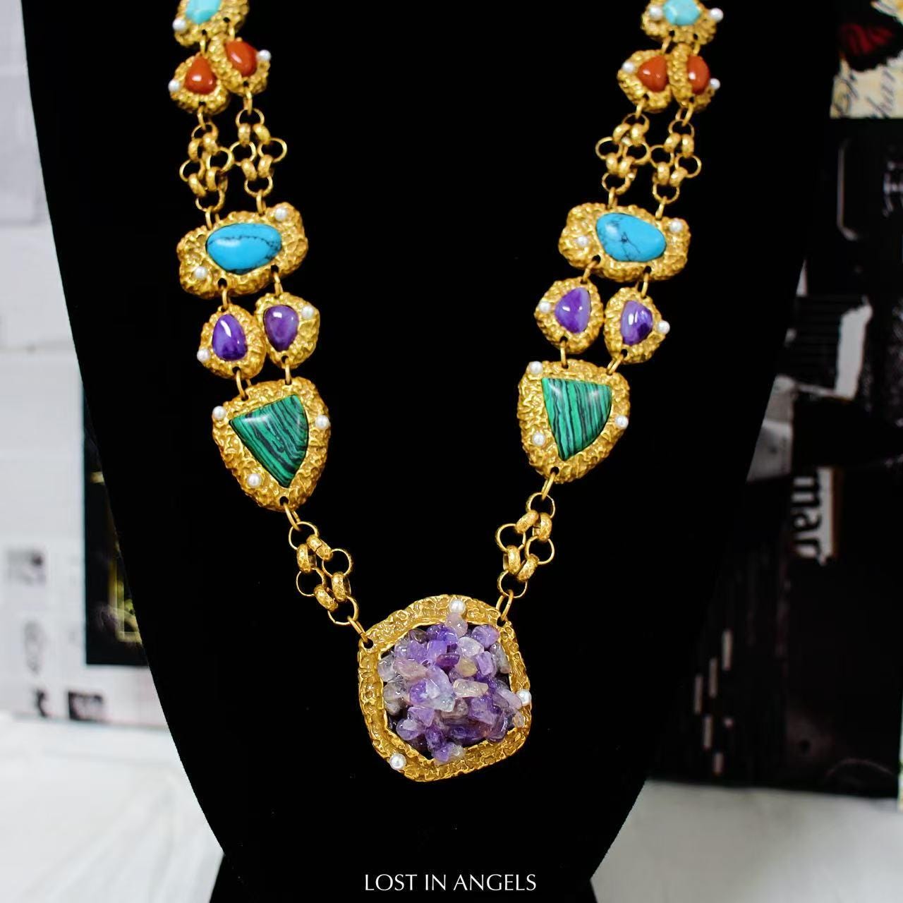 Vintage-Inspired Amethyst Turquoise Jewelry Set: Gold-Toned Boho Necklace & Earrings
