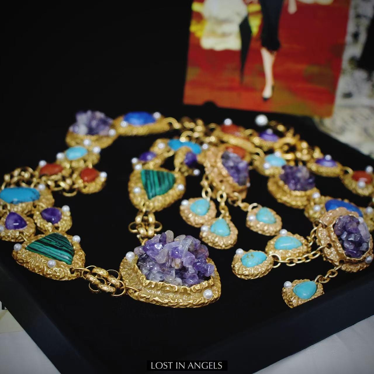 Vintage-Inspired Amethyst Turquoise Jewelry Set: Gold-Toned Boho Necklace & Earrings