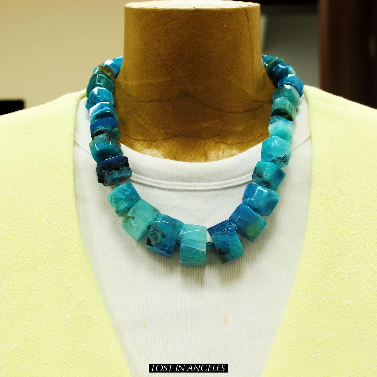 Wheel-Cut Blue Agate Statement Necklace: Hand-Forged Brass, Boho Jewelry