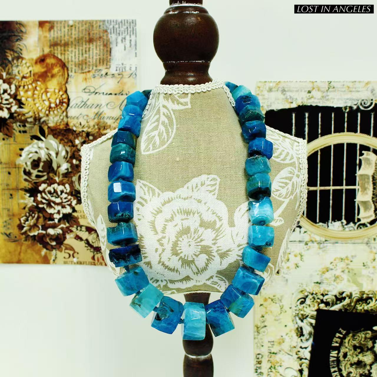 Wheel-Cut Blue Agate Statement Necklace: Hand-Forged Brass, Boho Jewelry