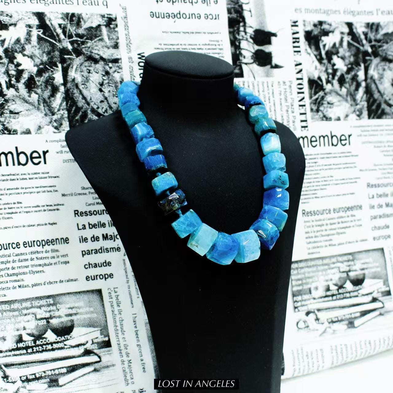 Wheel-Cut Blue Agate Statement Necklace: Hand-Forged Brass, Boho Jewelry