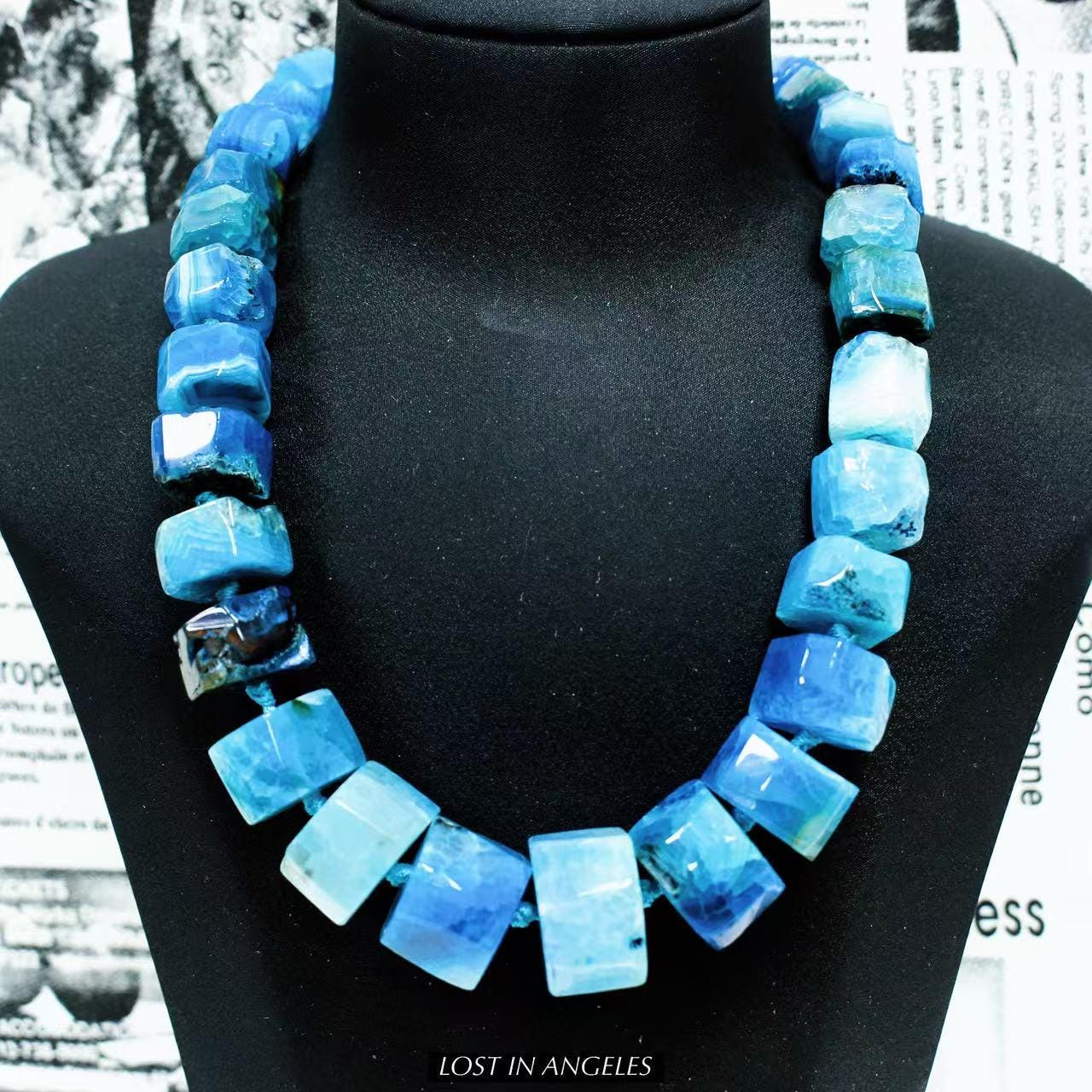 Wheel-Cut Blue Agate Statement Necklace: Hand-Forged Brass, Boho Jewelry
