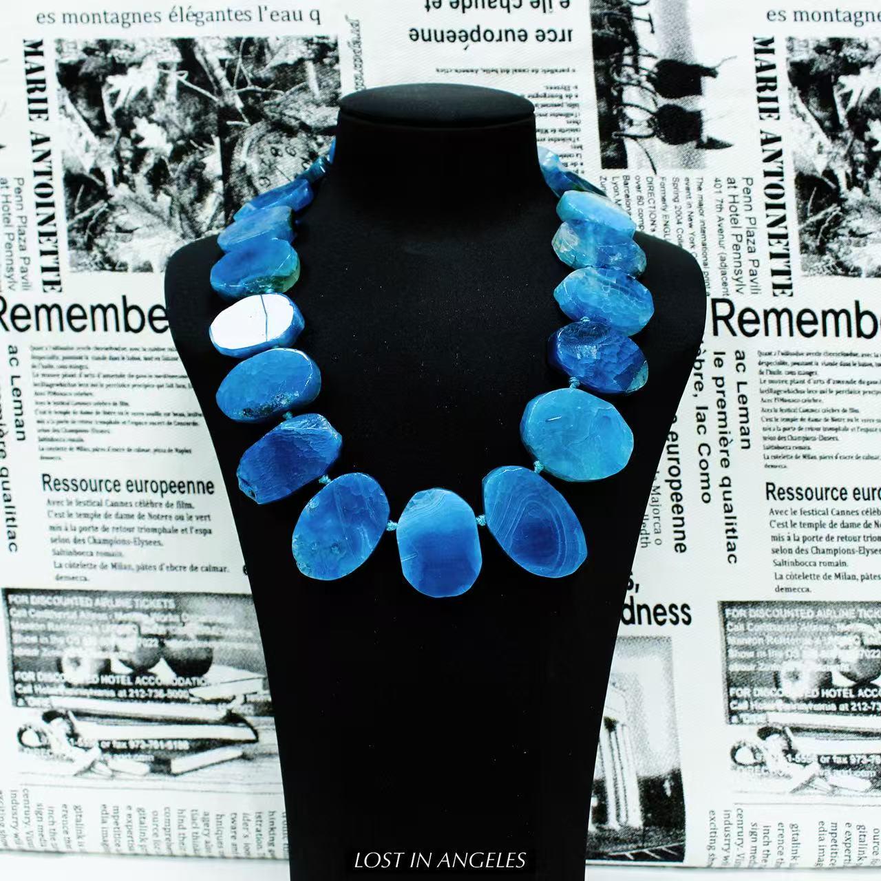 Freeform Blue Agate Necklace: Handcrafted Boho Brass Statement Jewelry