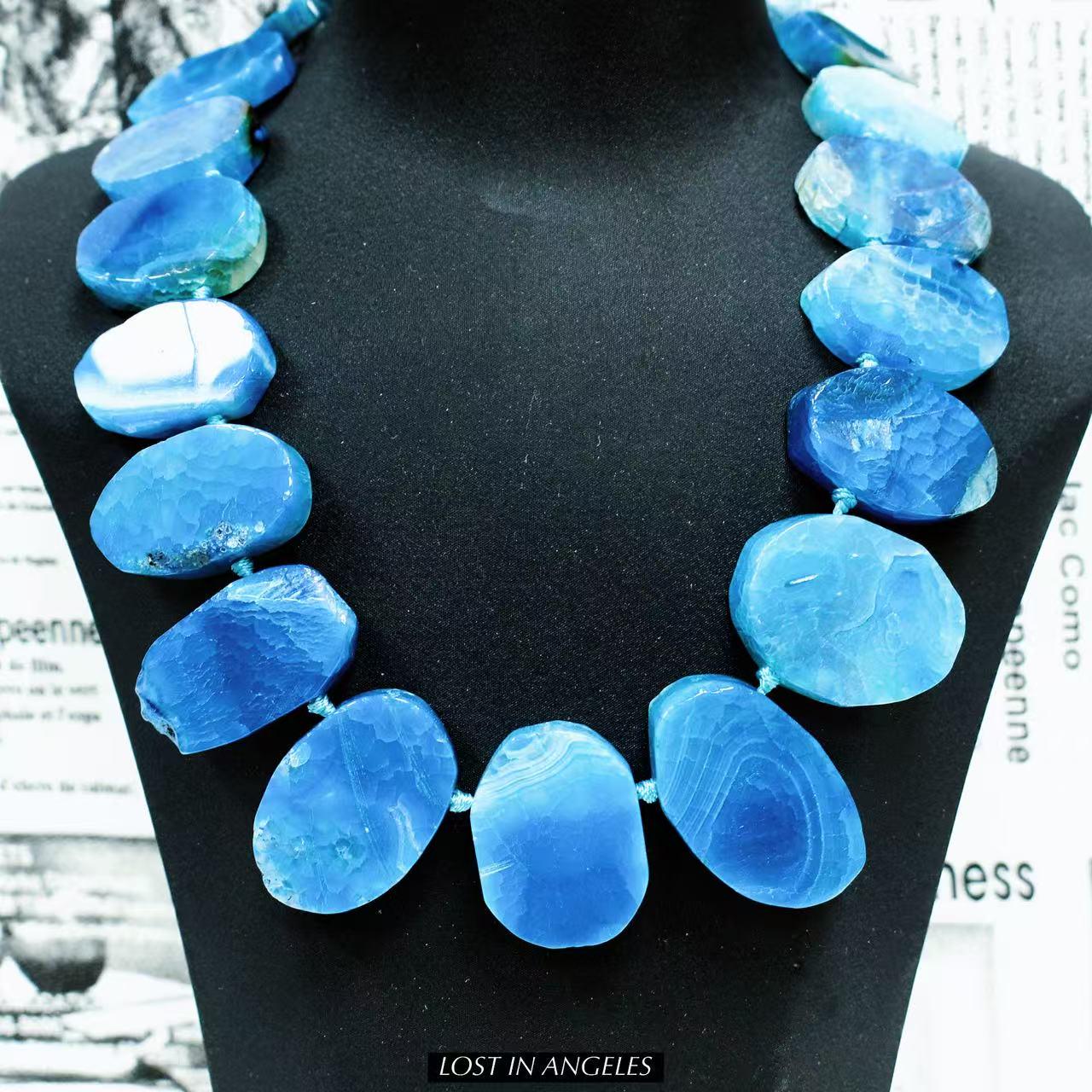 Freeform Blue Agate Necklace: Handcrafted Boho Brass Statement Jewelry