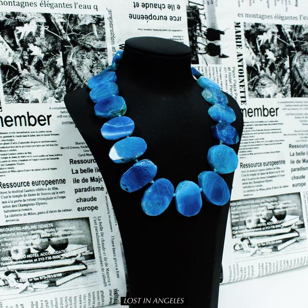 Freeform Blue Agate Necklace: Handcrafted Boho Brass Statement Jewelry