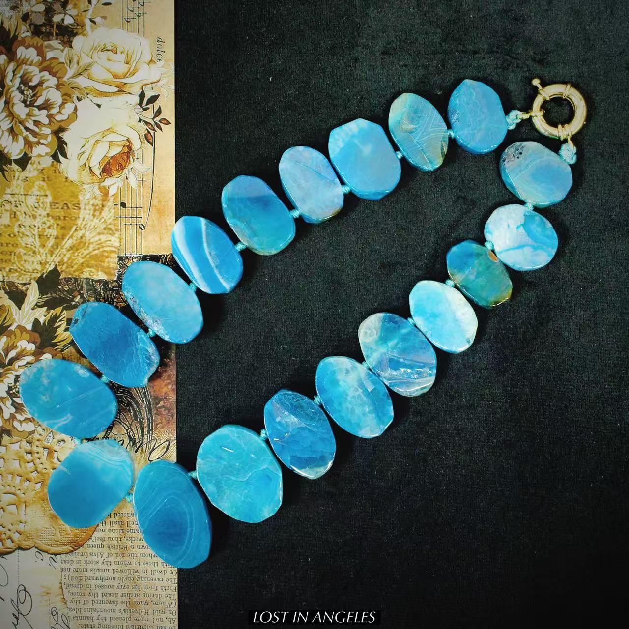 Freeform Blue Agate Necklace: Handcrafted Boho Brass Statement Jewelry