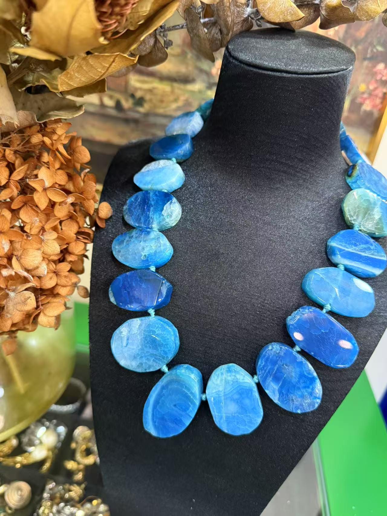 Freeform Blue Agate Necklace: Handcrafted Boho Brass Statement Jewelry