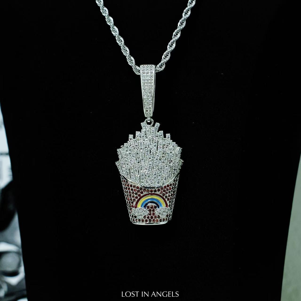 Bling French Fries Pendant Necklace: Hip Hop Y2K Jewelry