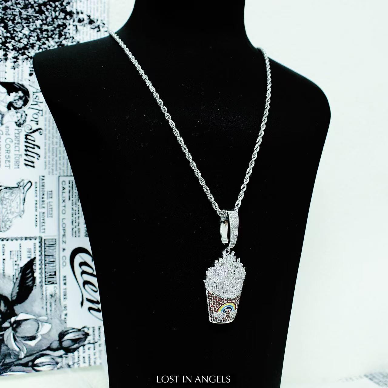 Bling French Fries Pendant Necklace: Hip Hop Y2K Jewelry