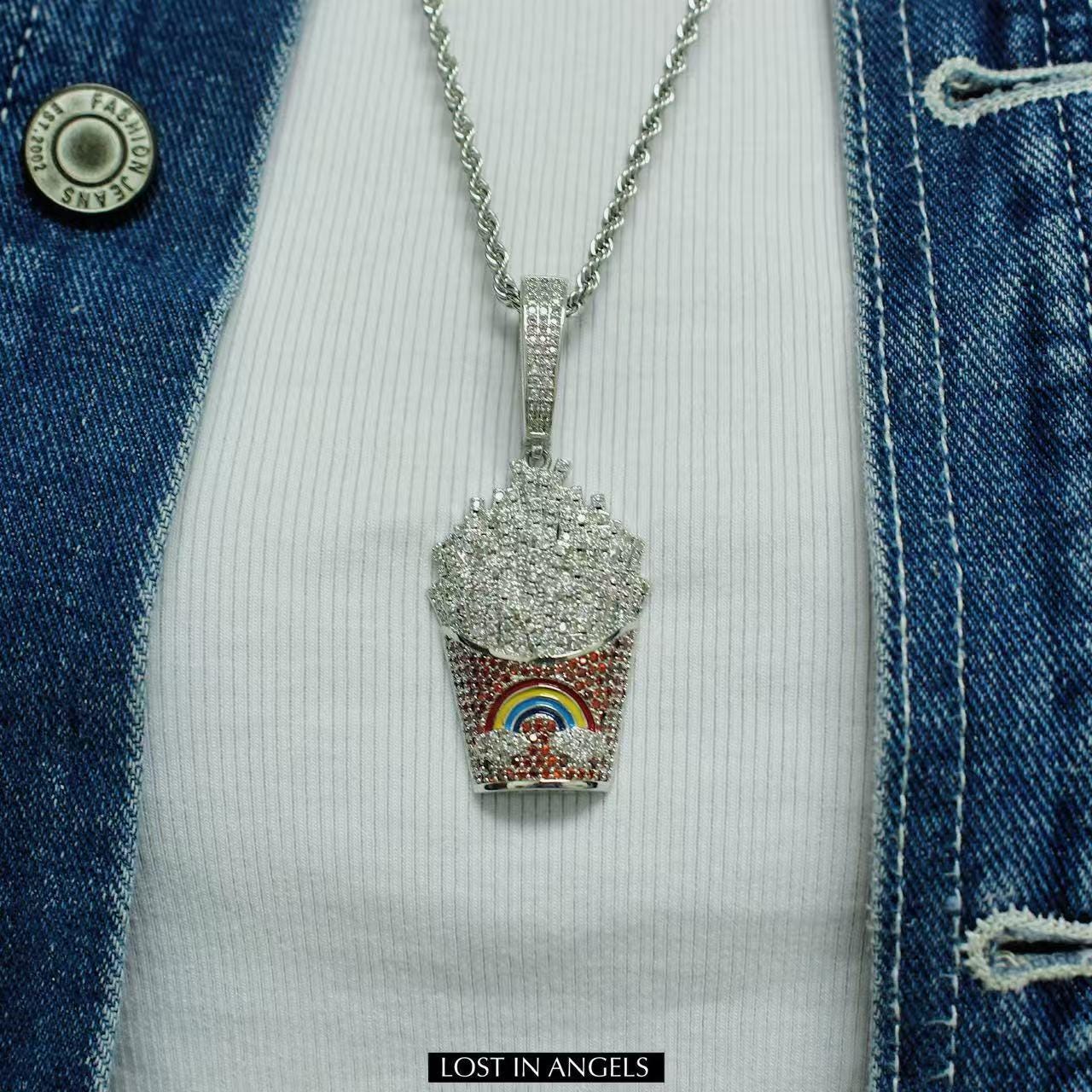 Bling French Fries Pendant Necklace: Hip Hop Y2K Jewelry