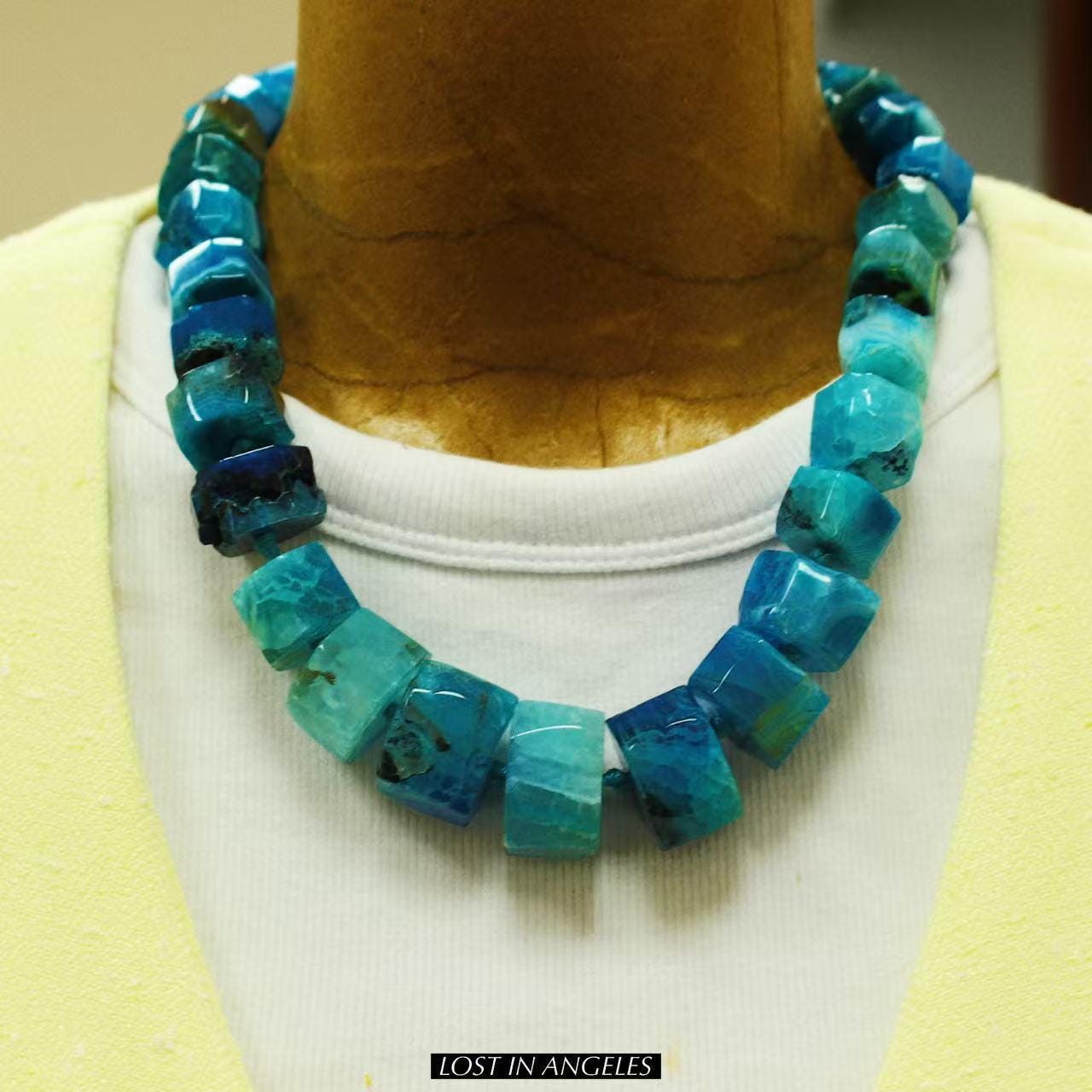 Wheel-Cut Blue Agate Statement Necklace: Hand-Forged Brass, Boho Jewelry