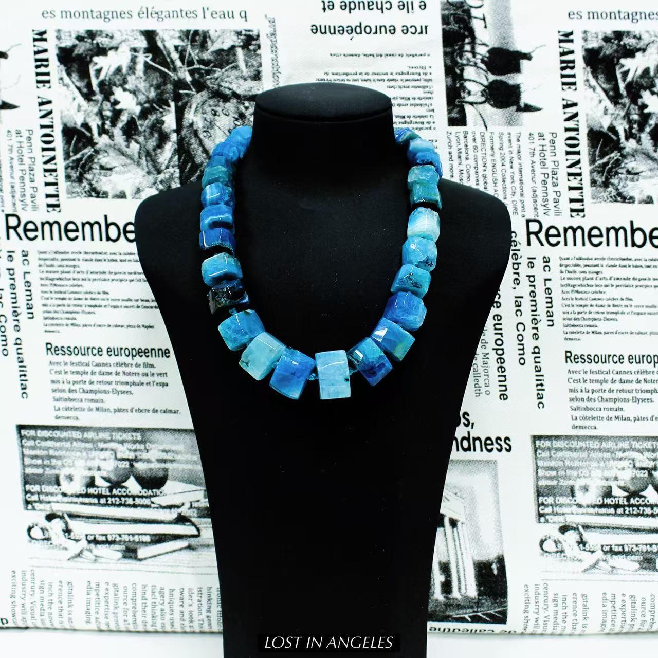 Wheel-Cut Blue Agate Statement Necklace: Hand-Forged Brass, Boho Jewelry