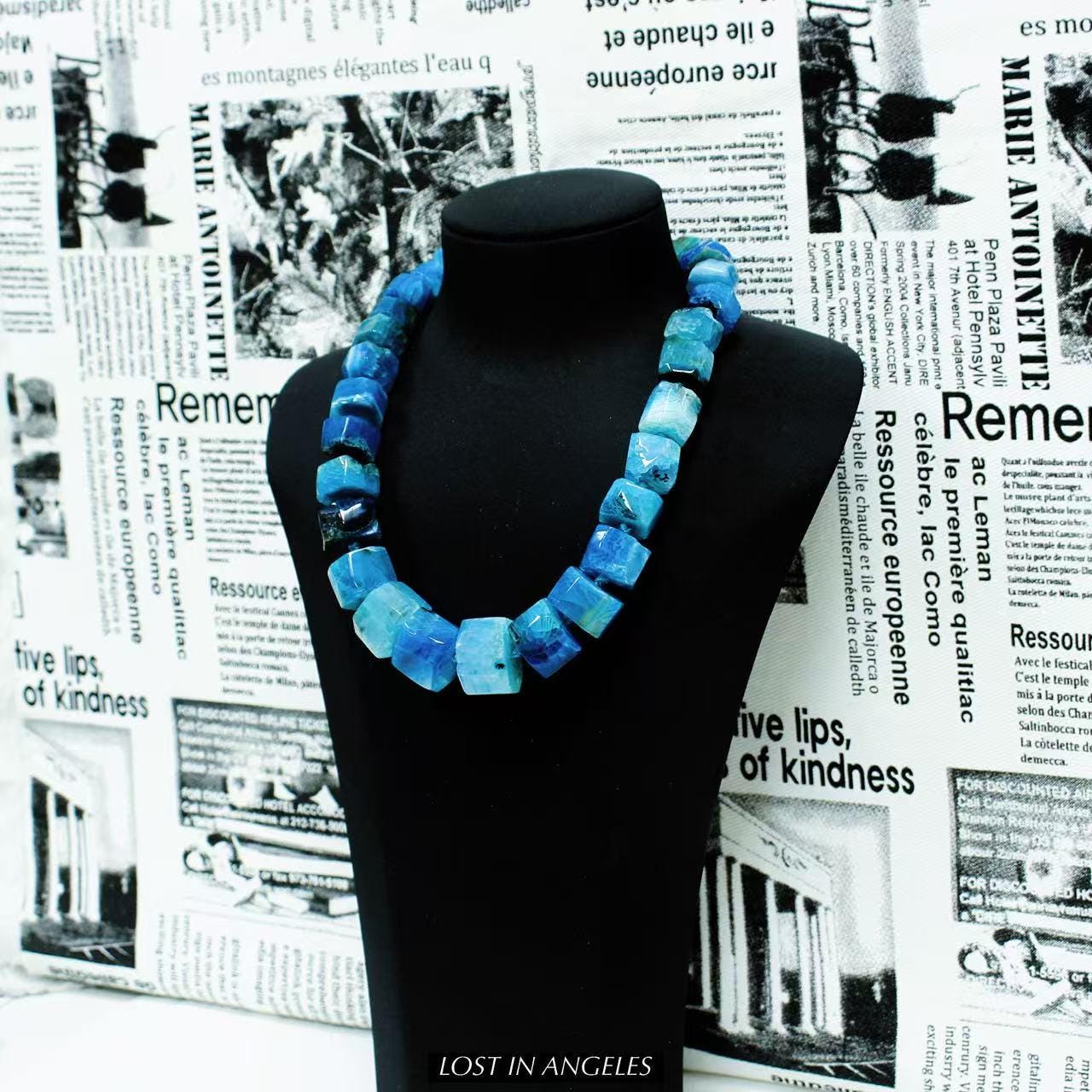 Wheel-Cut Blue Agate Statement Necklace: Hand-Forged Brass, Boho Jewelry