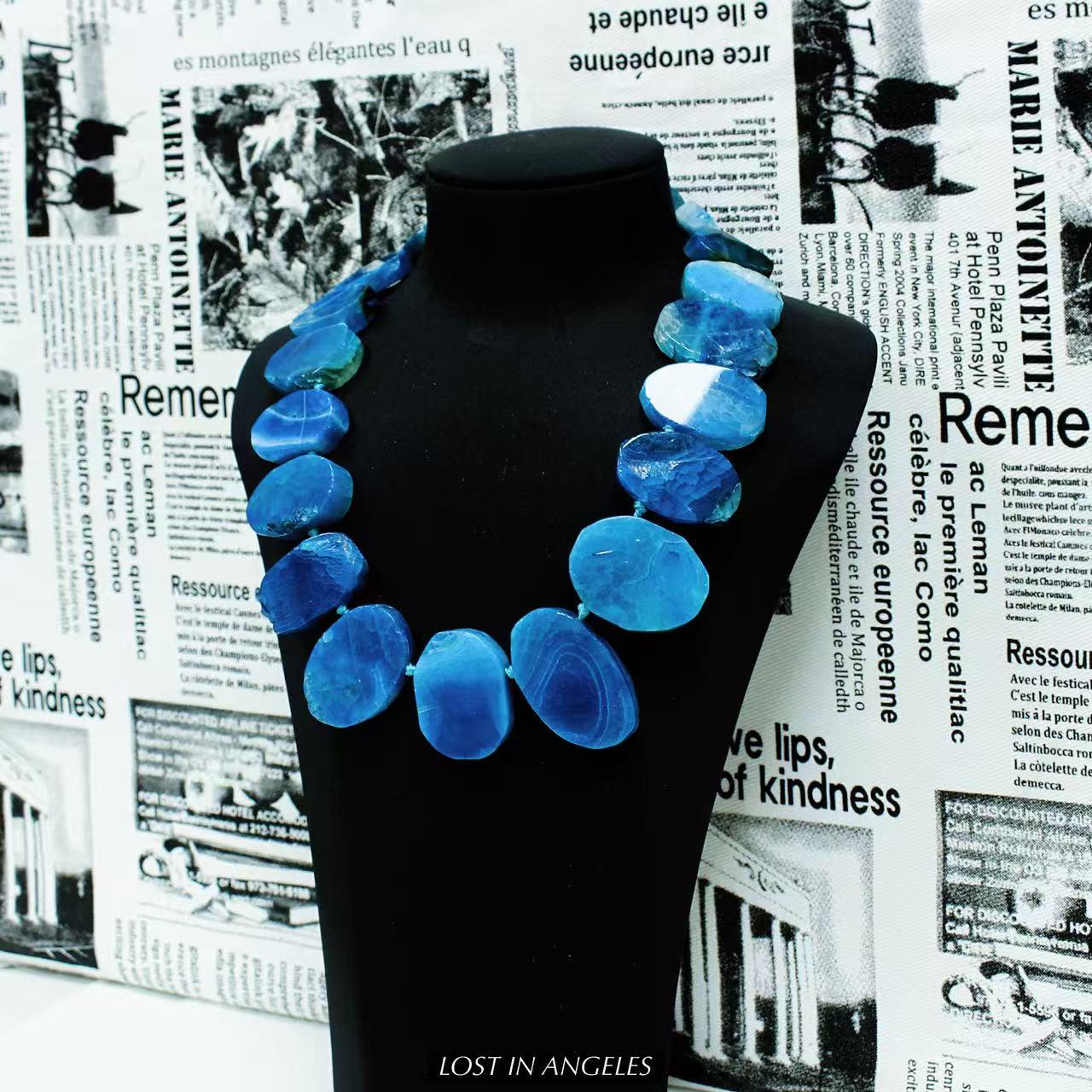 Freeform Blue Agate Necklace: Handcrafted Boho Brass Statement Jewelry