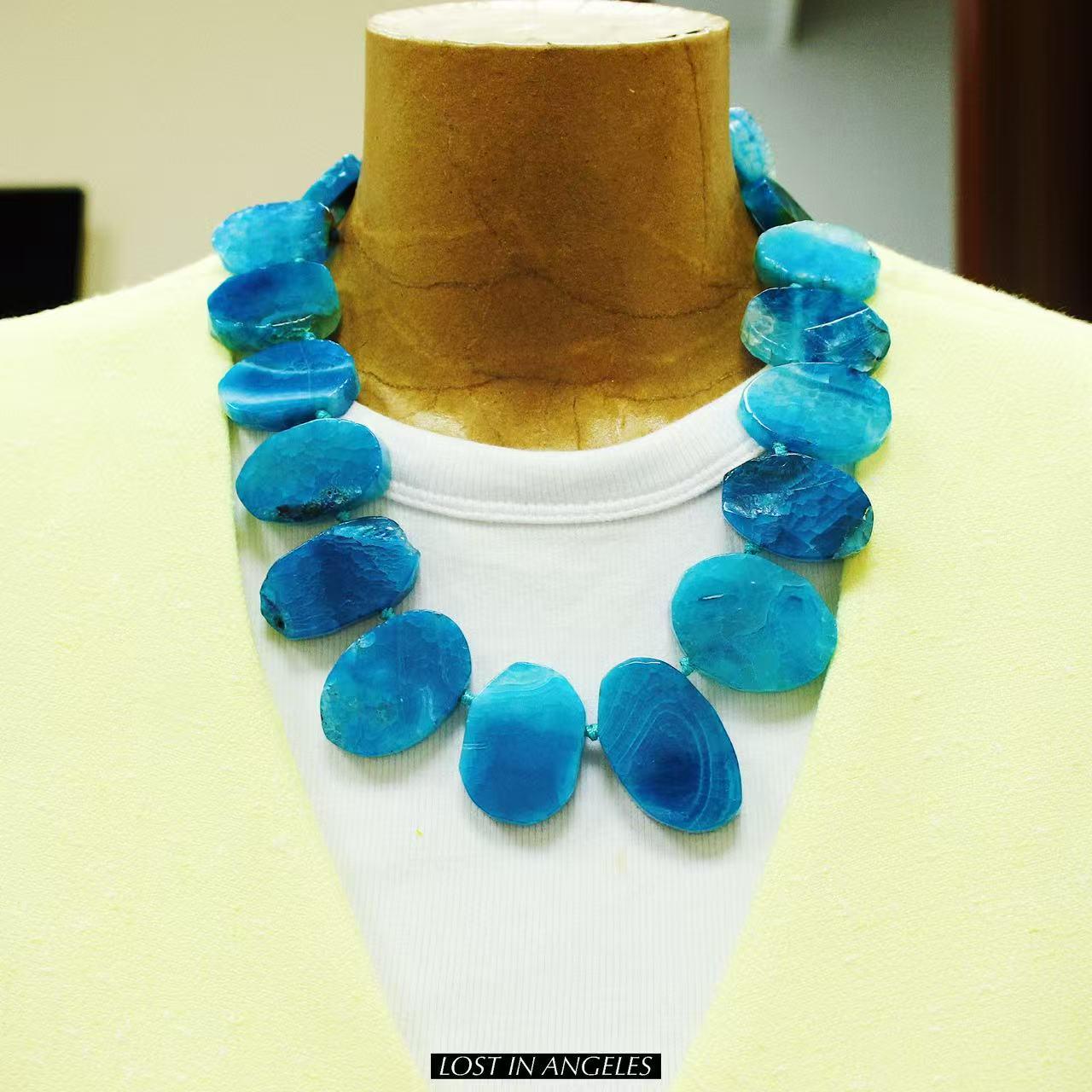 Freeform Blue Agate Necklace: Handcrafted Boho Brass Statement Jewelry