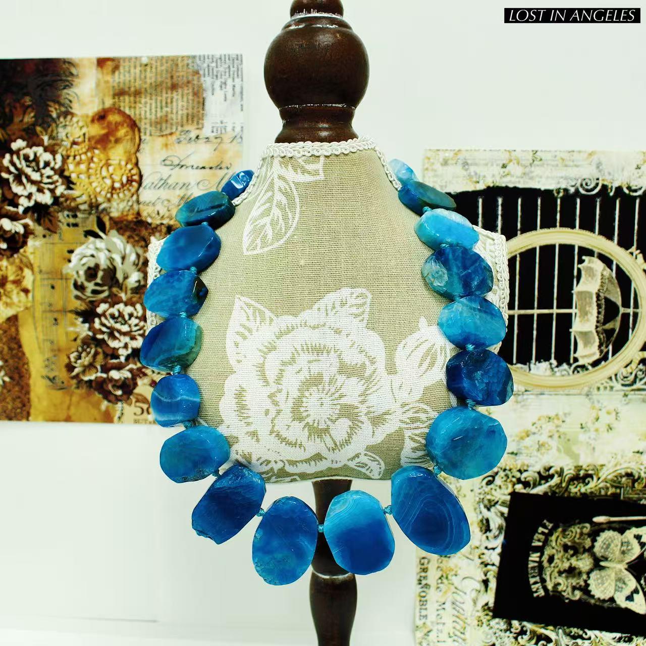 Freeform Blue Agate Necklace: Handcrafted Boho Brass Statement Jewelry