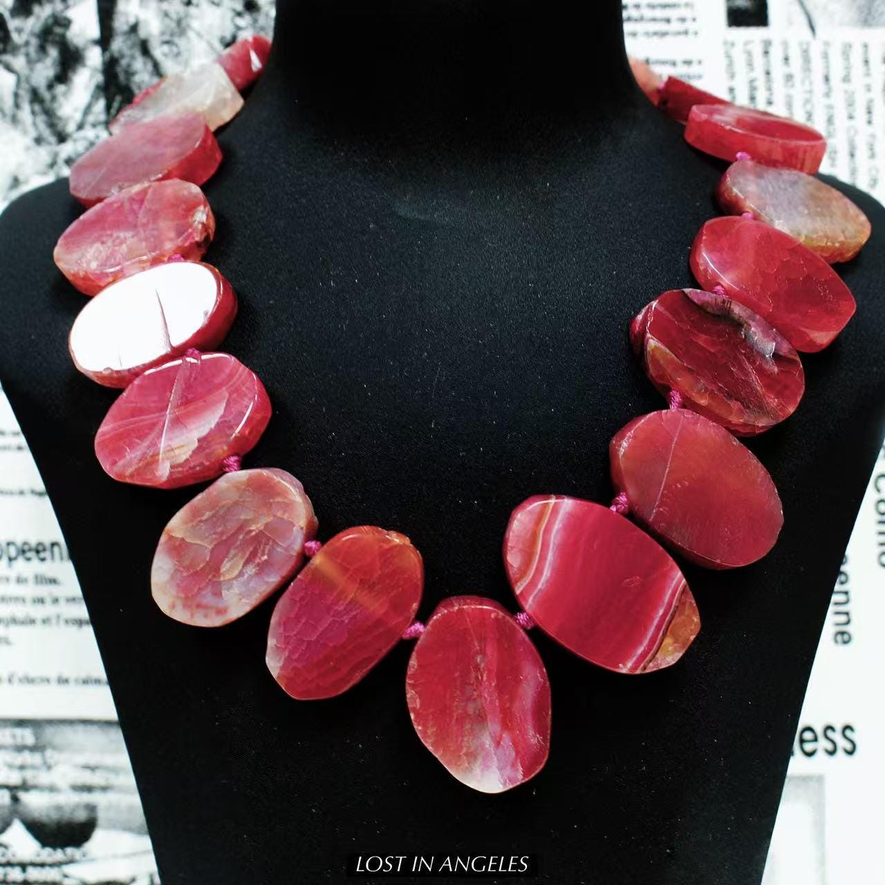 Handcrafted Red Agate Statement Necklace: Boho Brutalist Brass Jewelry