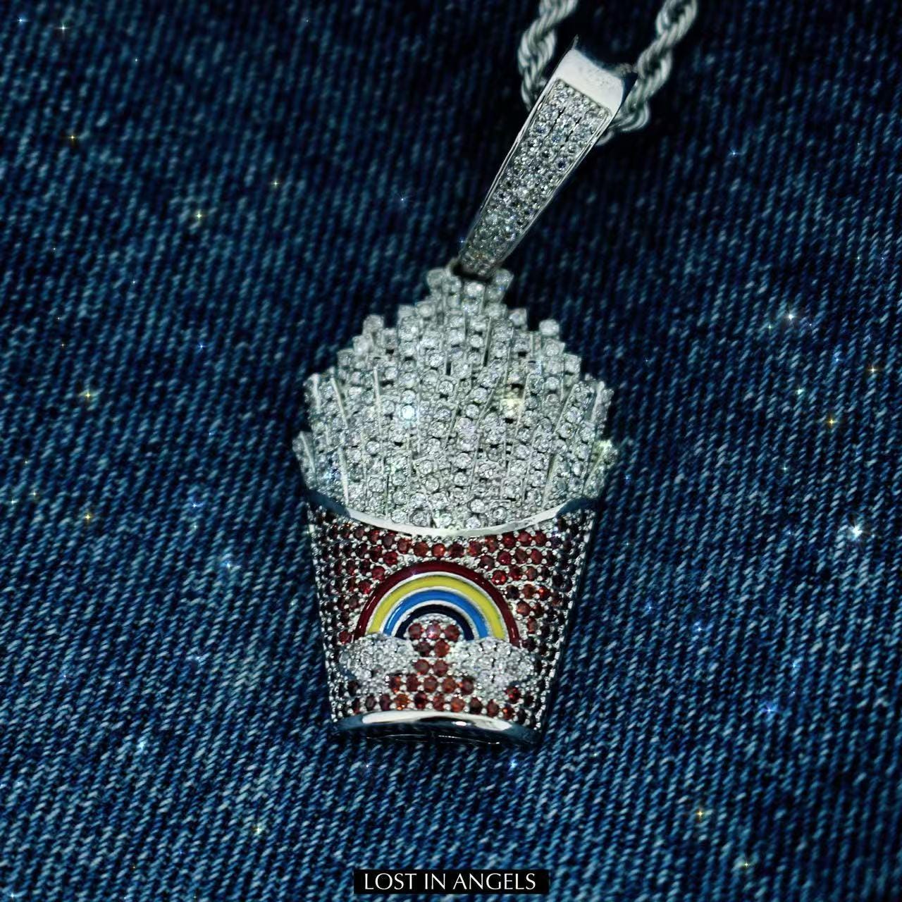 Bling French Fries Pendant Necklace: Hip Hop Y2K Jewelry