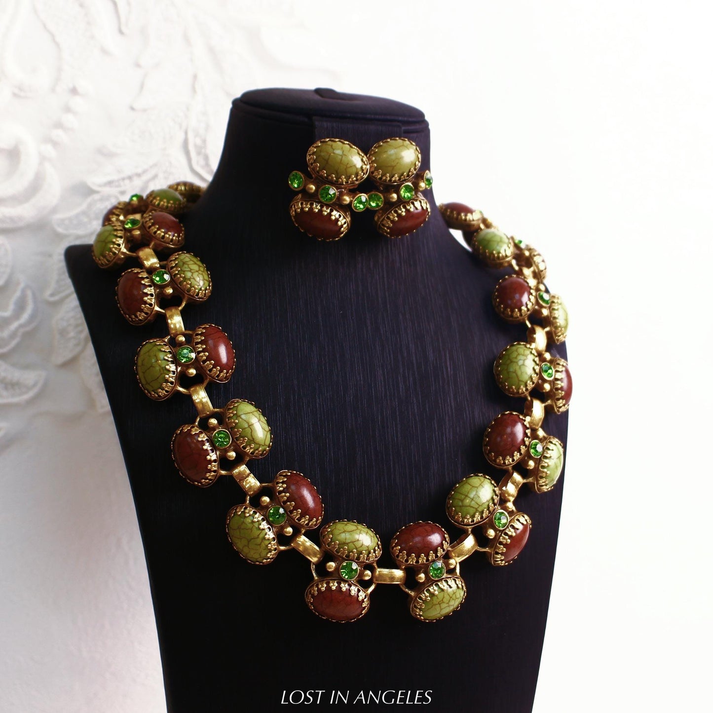 Vintage Style Natural Stone Necklace & Earrings Set - Green Brown Autumn Jewelry