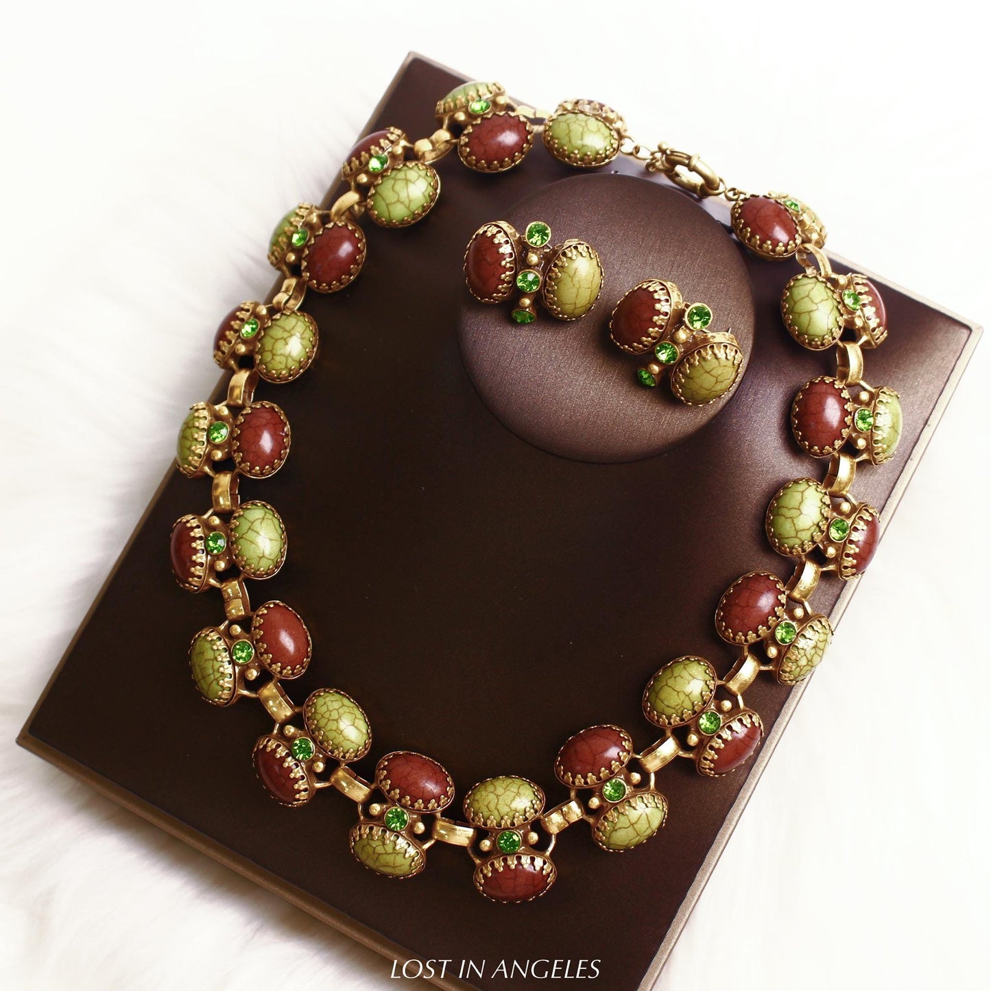 Vintage Style Natural Stone Necklace & Earrings Set - Green Brown Autumn Jewelry