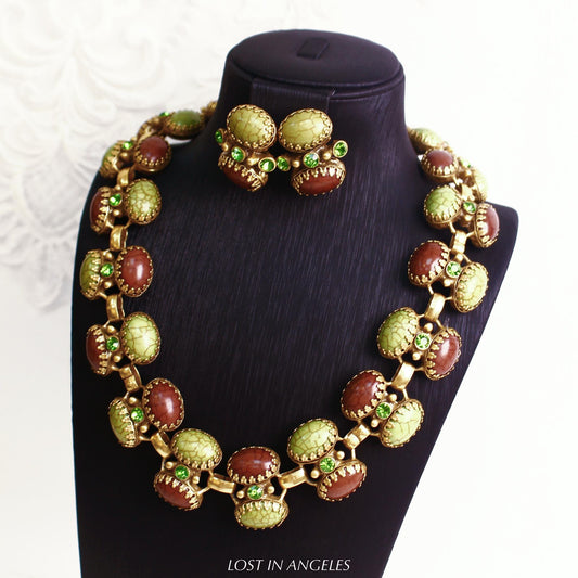 Vintage Style Natural Stone Necklace & Earrings Set - Green Brown Autumn Jewelry