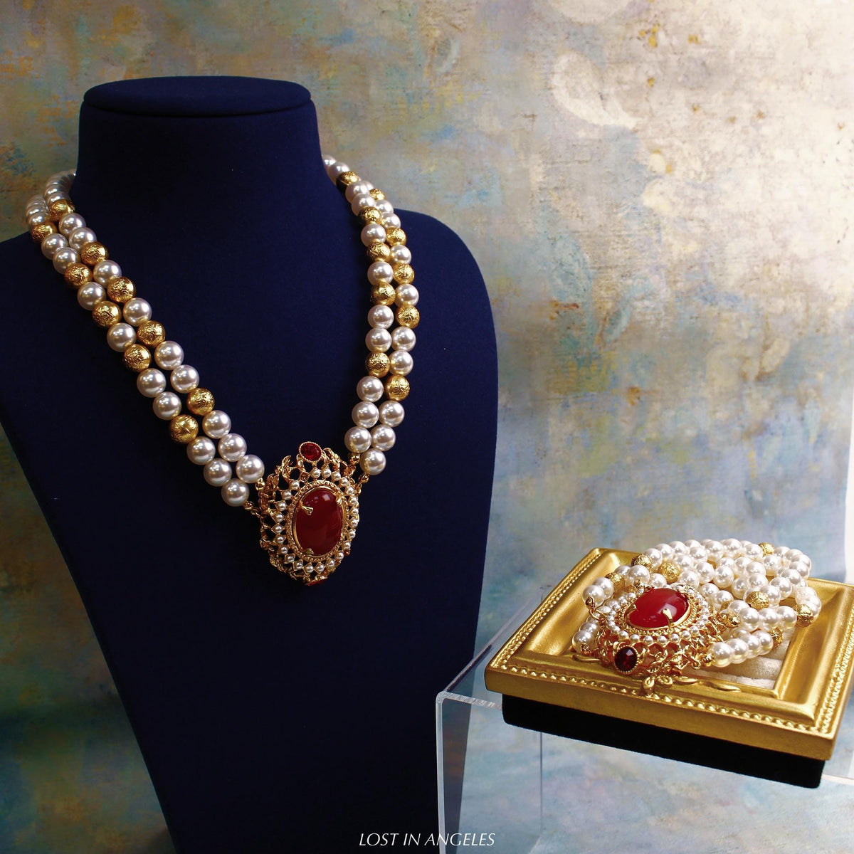 Vintage-Inspired Royal Court Jewelry Set: Red Gemstone & Pearl Necklace and Bracelet