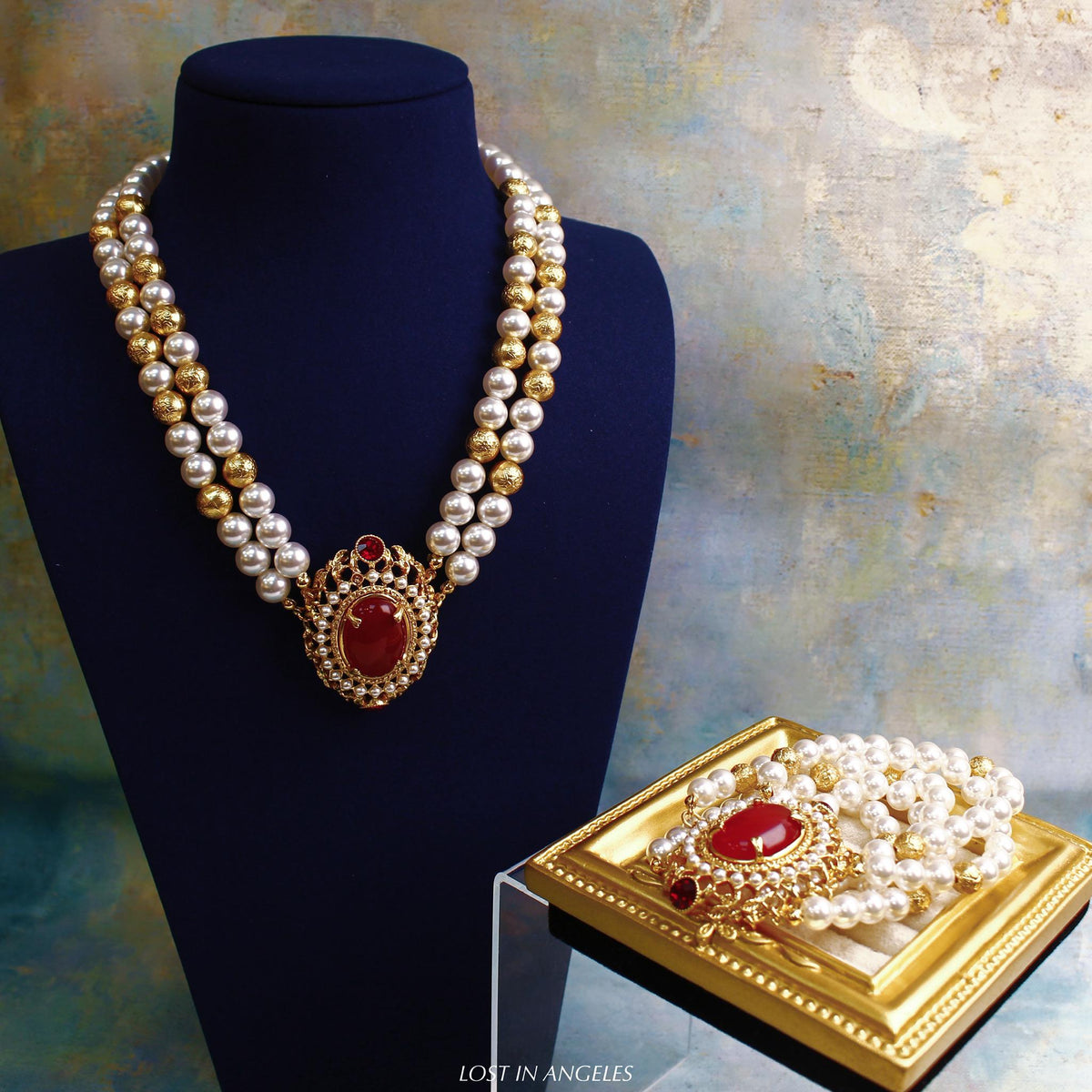 Vintage-Inspired Royal Court Jewelry Set: Red Gemstone & Pearl Necklace and Bracelet