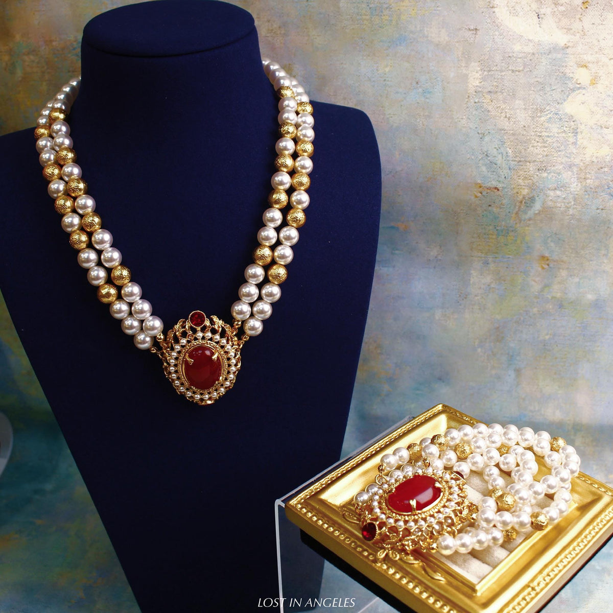 Vintage-Inspired Royal Court Jewelry Set: Red Gemstone & Pearl Necklace and Bracelet