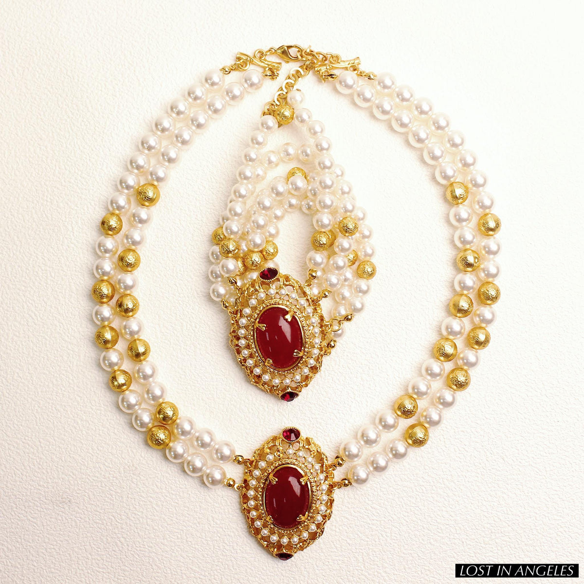 Vintage-Inspired Royal Court Jewelry Set: Red Gemstone & Pearl Necklace and Bracelet